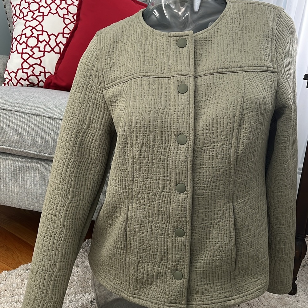 Chico's Women's Knit Snap Blazer Jacket Stretch Long Sleeve Olive Size 0
